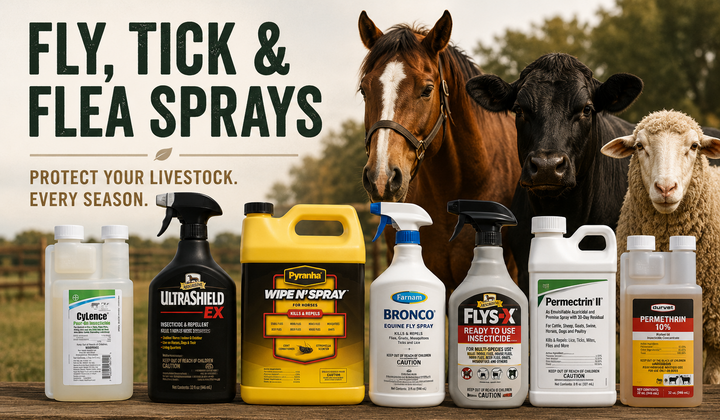 A promotional banner for livestock fly, tick, and flea sprays, featuring several labeled spray containers and bottles arranged in front of a barn scene with a horse, cow, sheep, and a pig. Large text reads 'FLY, TICK & FLEA SPRAYS' and 'PROTECT YOUR LIVESTOCK.